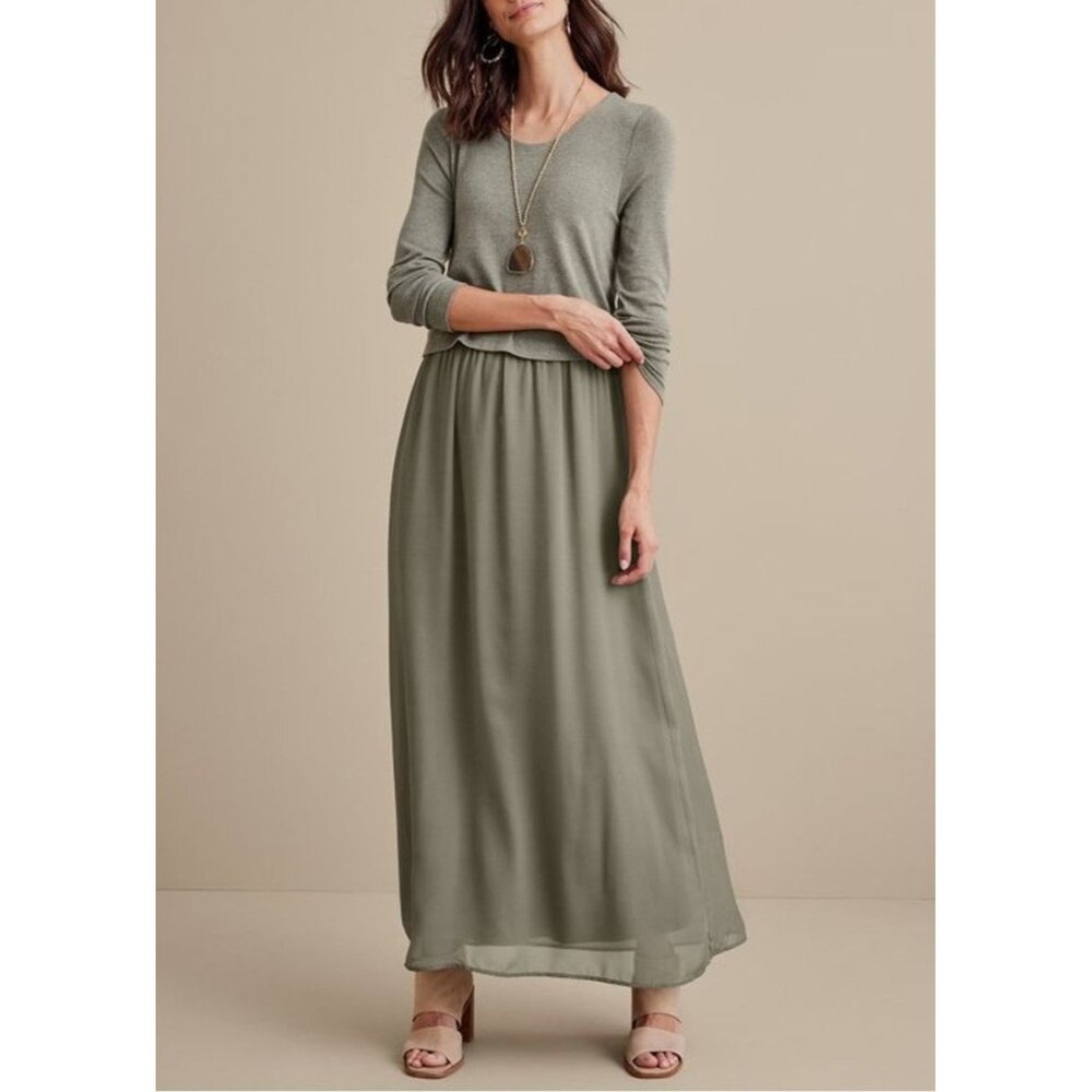 Soft Surroundings Size L NEW Olive Green Cassie Two-Layer Long Sleeve Maxi Dress - Picture 1 of 16